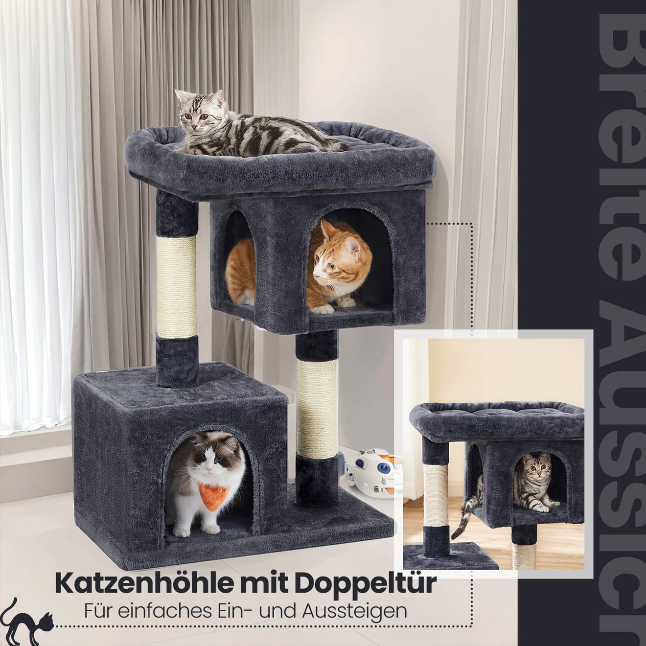 Krabpaal L Met Grote Plattform En 2 Kattenholen - Deurtje Onderin - Sisalstammen