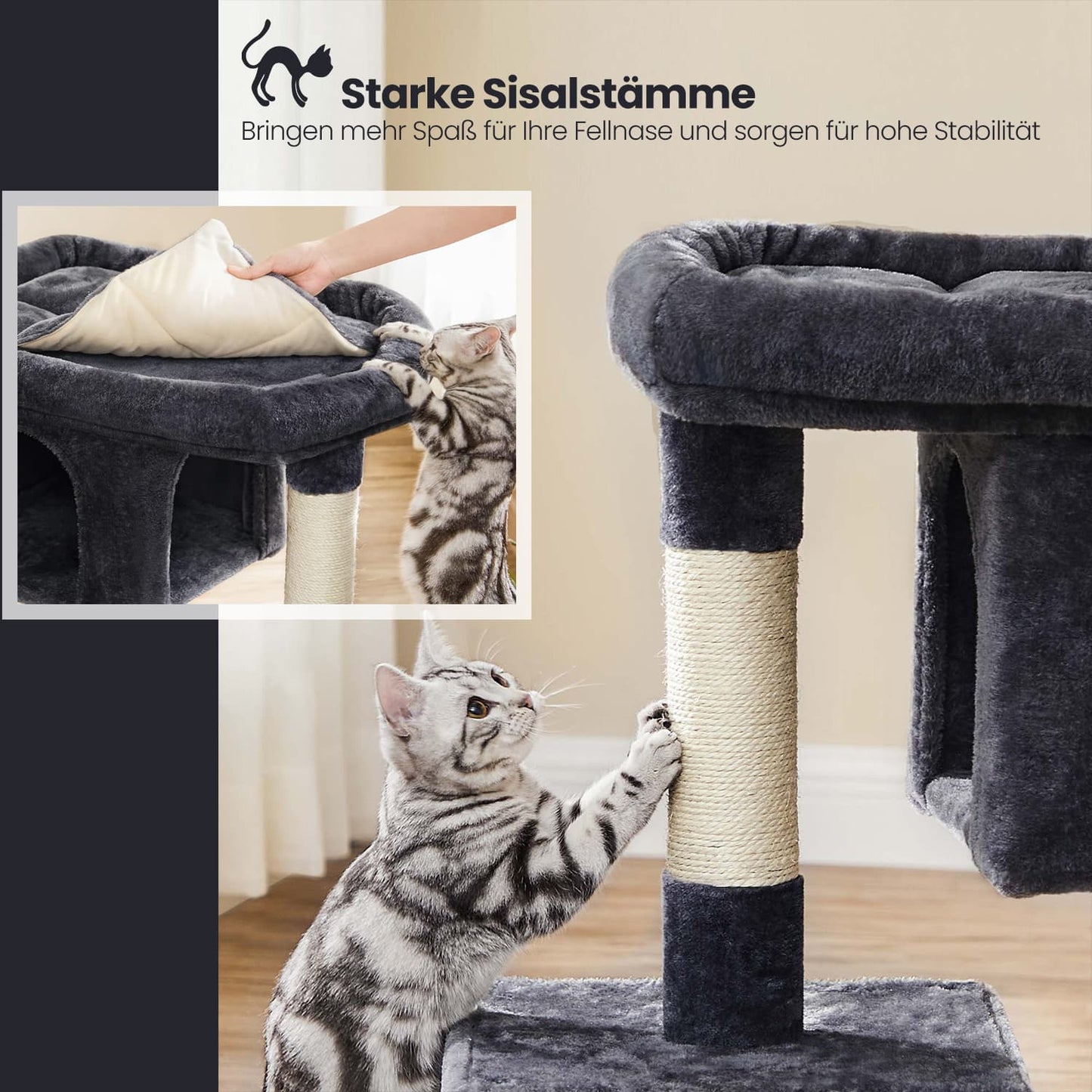 Krabpaal L Met Grote Plattform En 2 Kattenholen - Deurtje Onderin - Sisalstammen