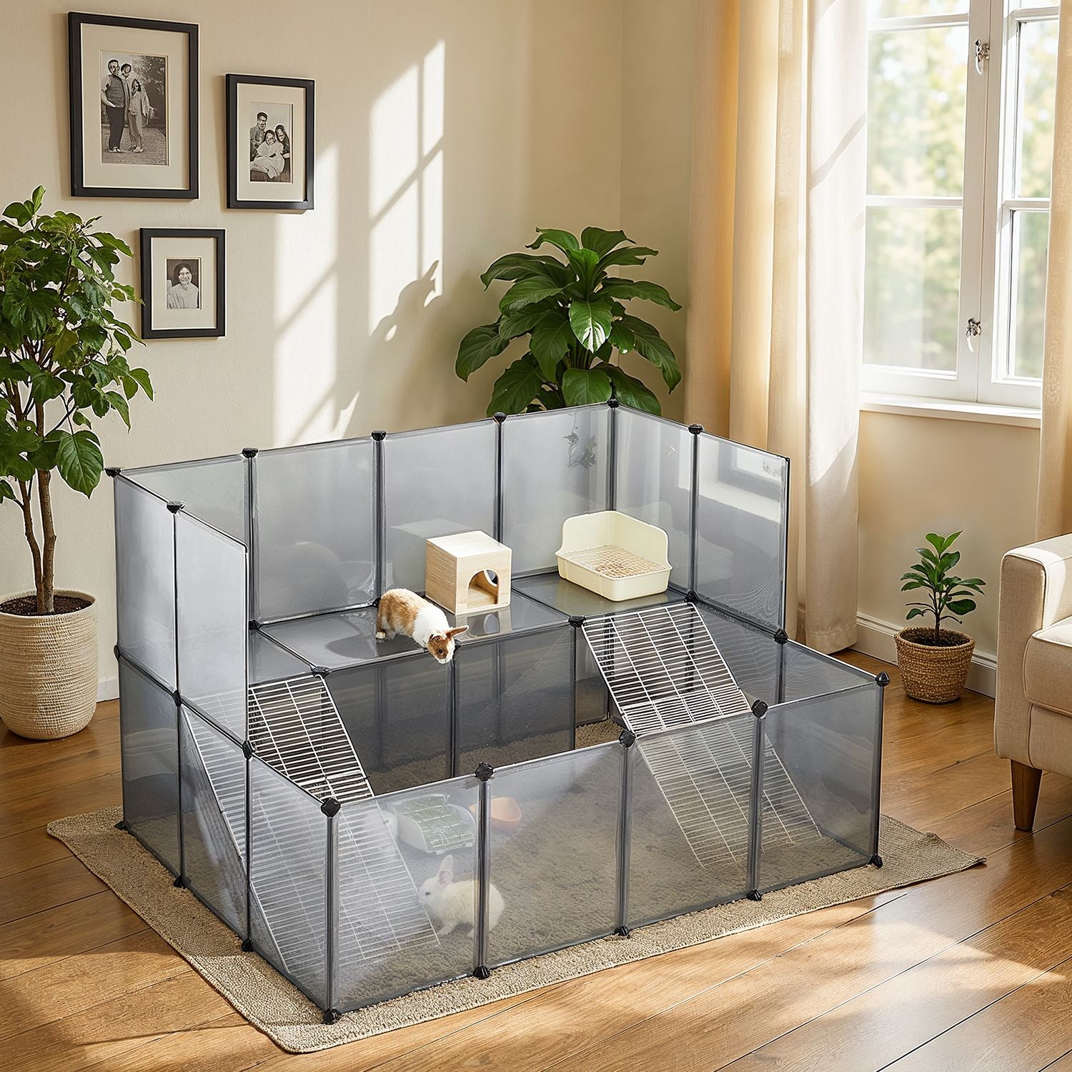Kleintiergehege Met Balkon En Trap - Twee Verdiepingen - Modulair Kunststof