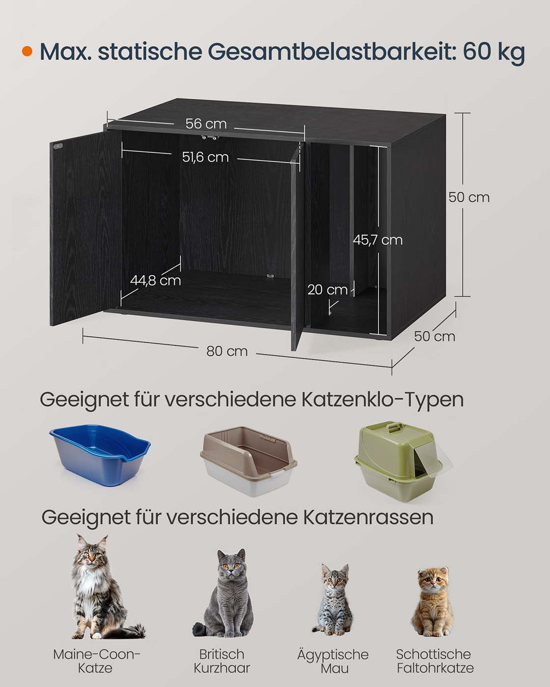 Kattenbakmeubel Met Push-To-Open Deuren - Voor Grote Katten - Modern Design