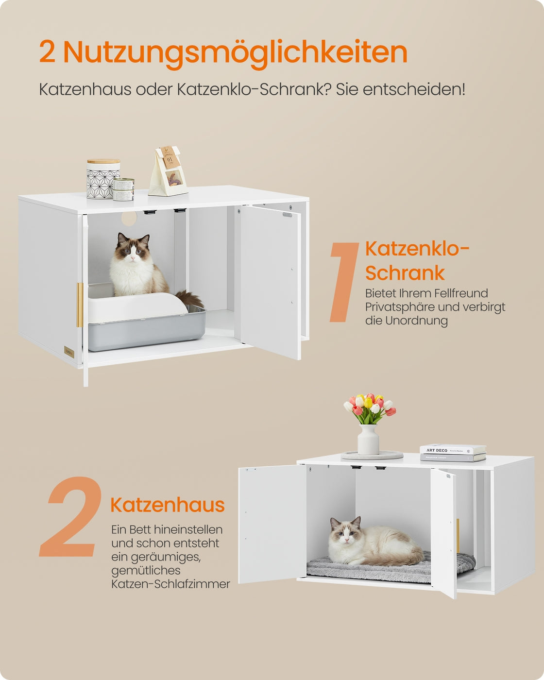 Kattenbakmeubel Met Magneetdeuren - Gouden Grepen - Uitneembare Tussenwand