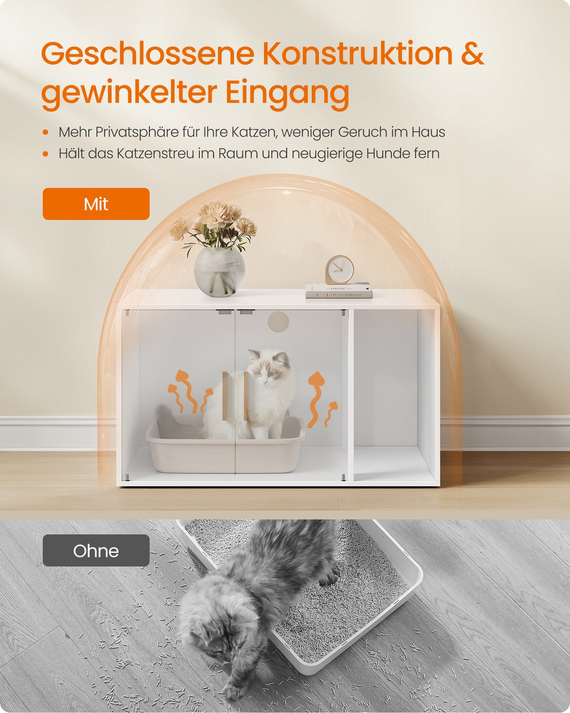 Kattenbakmeubel Met Magneetdeuren - Gouden Grepen - Uitneembare Tussenwand