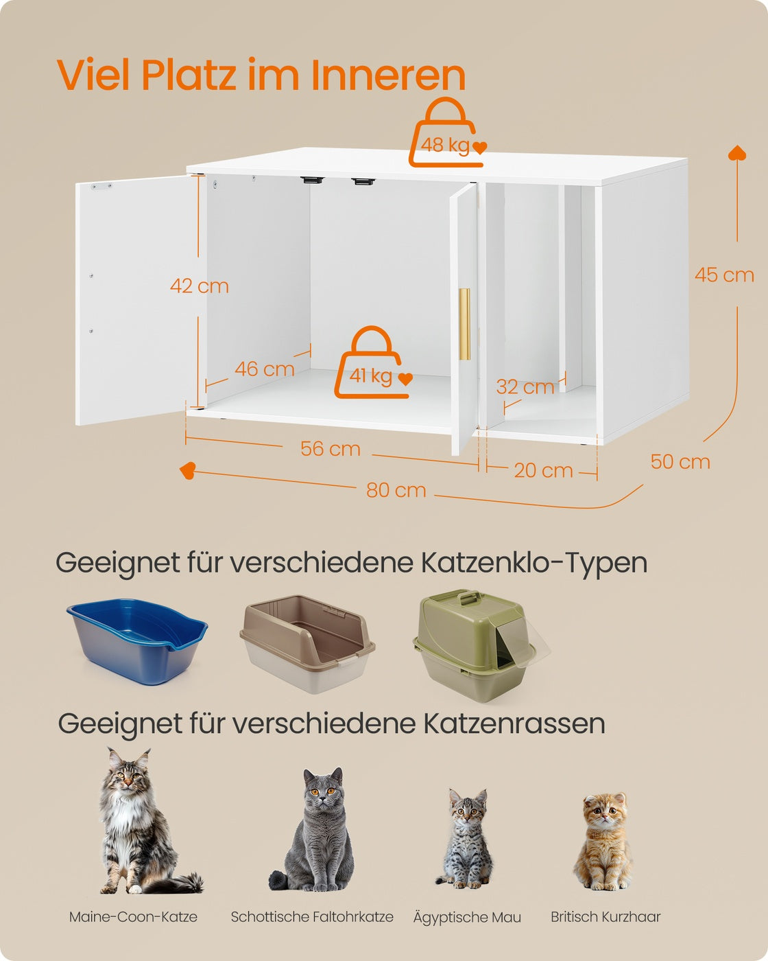 Kattenbakmeubel Met Magneetdeuren - Gouden Grepen - Uitneembare Tussenwand