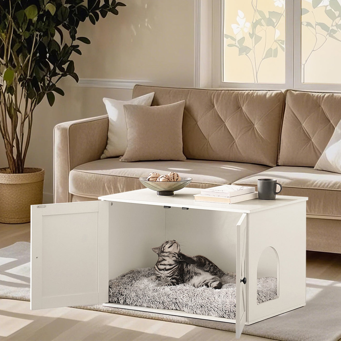 Kattenbakmeubel Met Uitneembare Tussenwand - Ook Als Sidetable - Ruim Binnenwerk