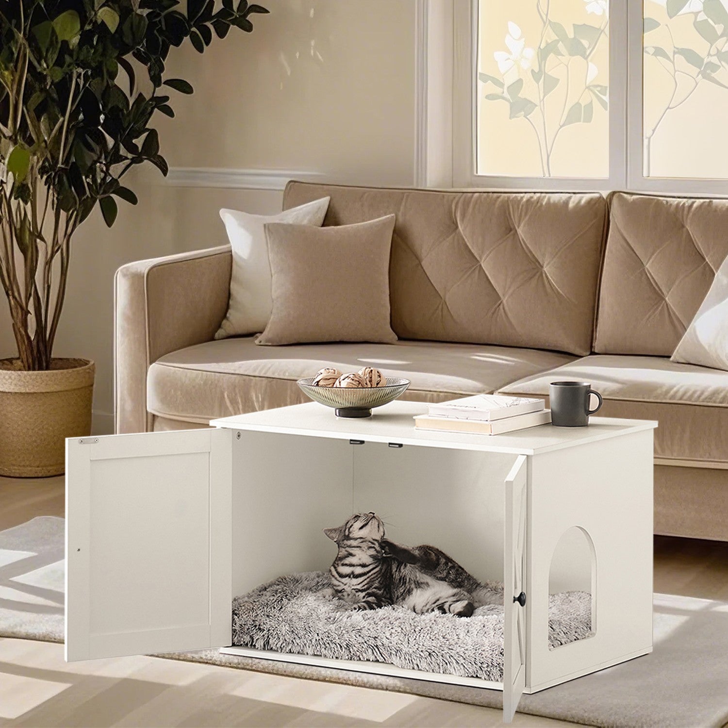 Kattenbakmeubel Met Uitneembare Tussenwand - Ook Als Sidetable - Ruim Binnenwerk