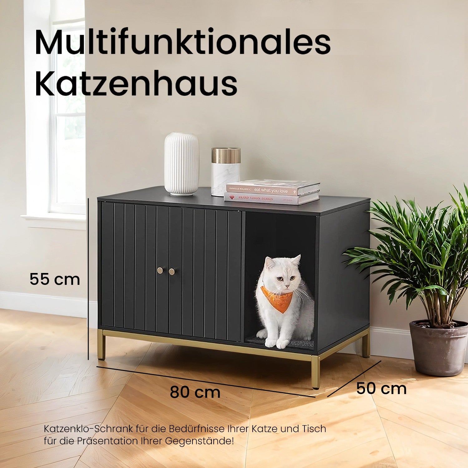 Kattenbakmeubel Met Gouden Accenten - Stalen Frame - Multifunctionele Kast