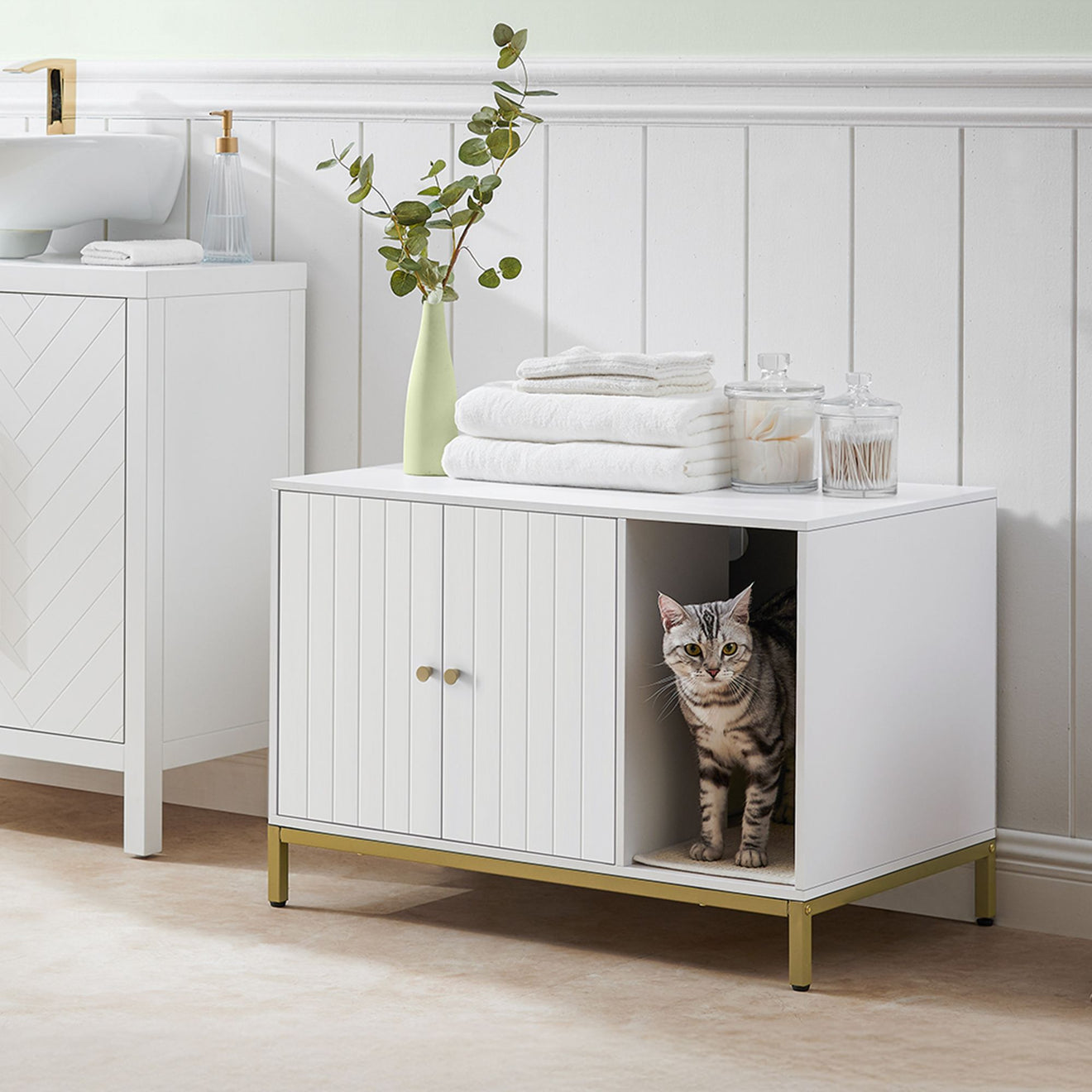 Kattenbakmeubel Met Gouden Accenten - Stalen Frame - Multifunctionele Kast