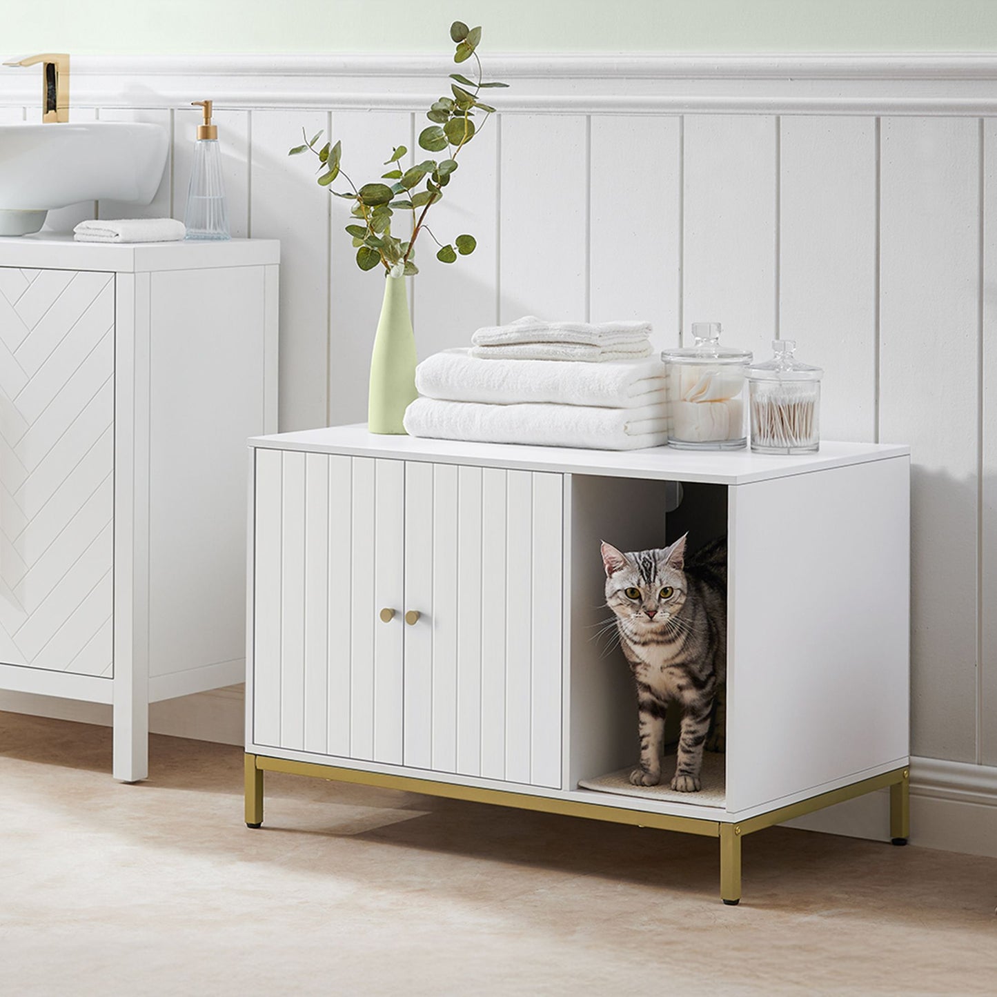 Kattenbakmeubel Met Gouden Accenten - Stalen Frame - Multifunctionele Kast