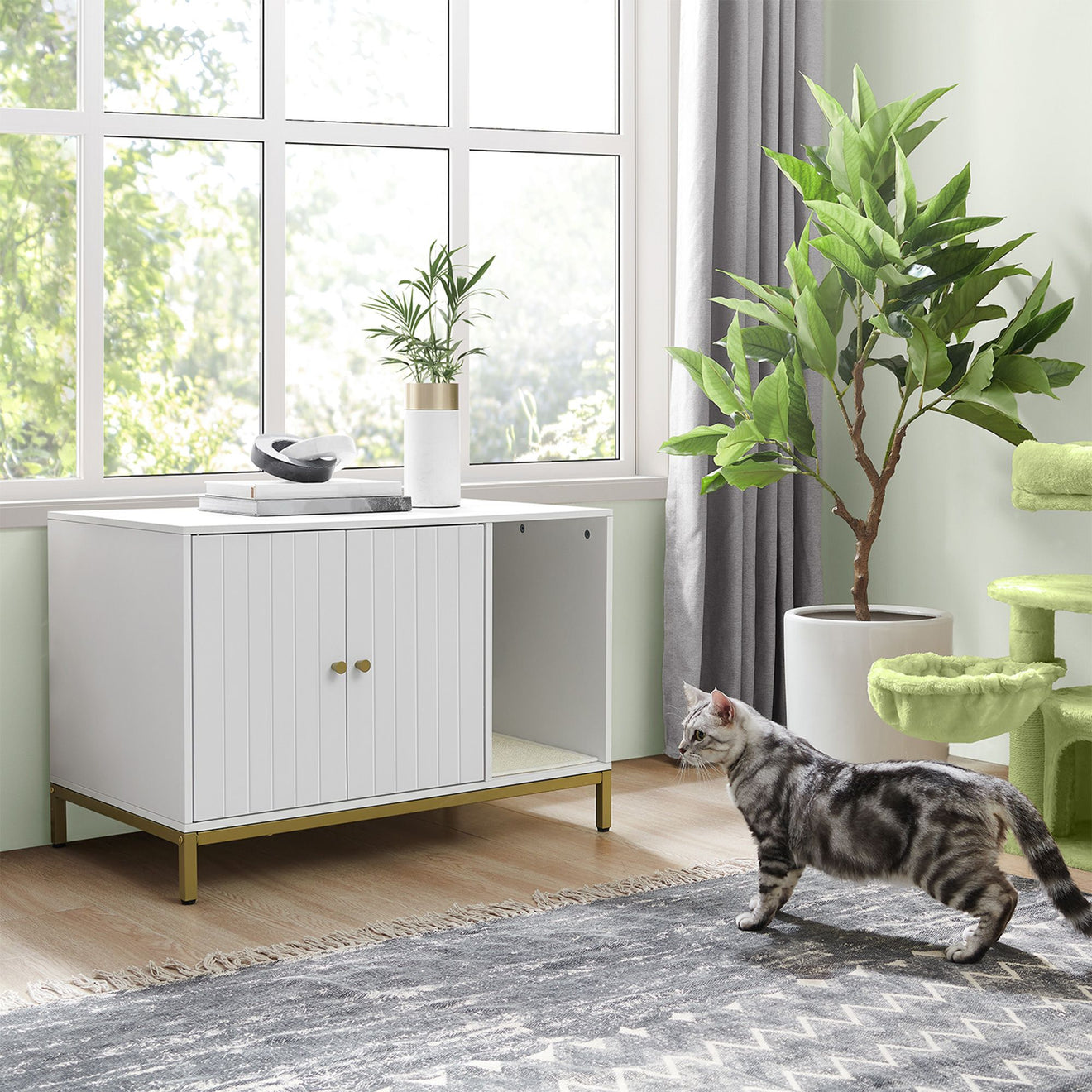 Kattenbakmeubel Met Gouden Accenten - Stalen Frame - Multifunctionele Kast