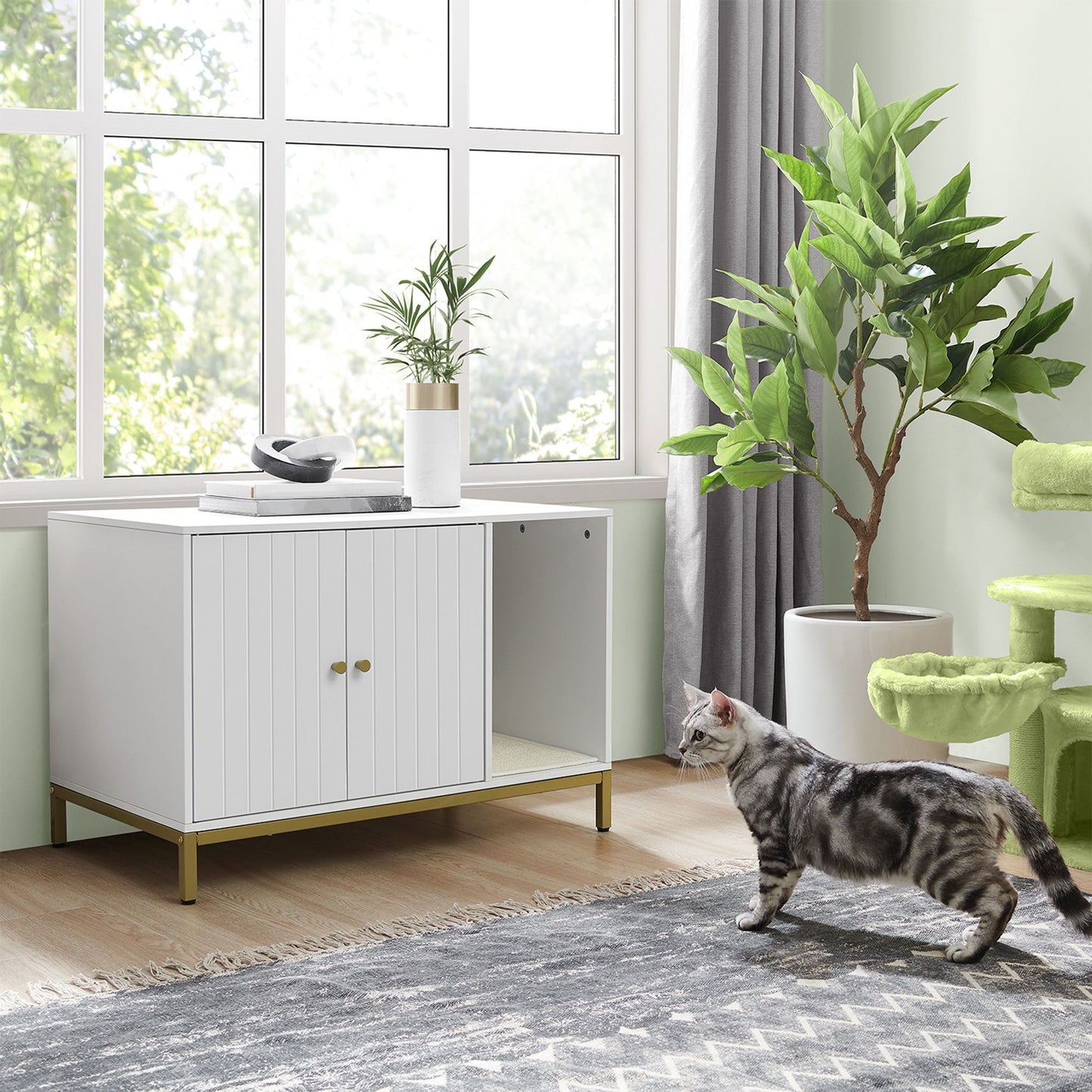 Kattenbakmeubel Met Gouden Accenten - Stalen Frame - Multifunctionele Kast