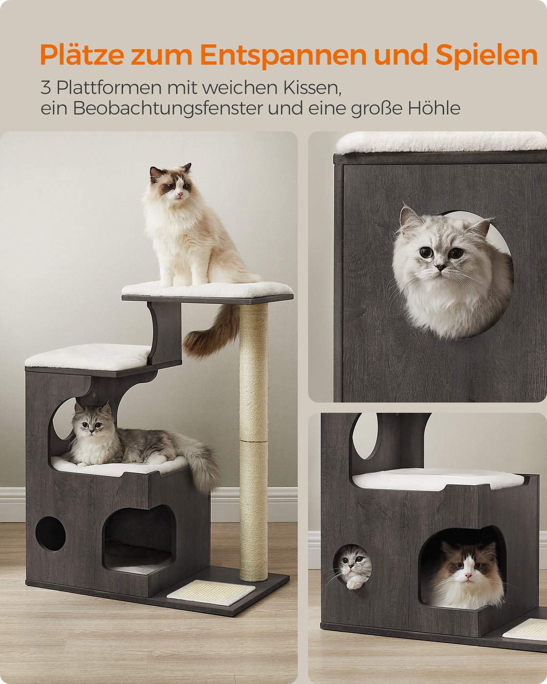 Compacte Krabpaal Met 3 Ligvlakken - Ruim Kattenhol - Volledig Sisal Klimstammen