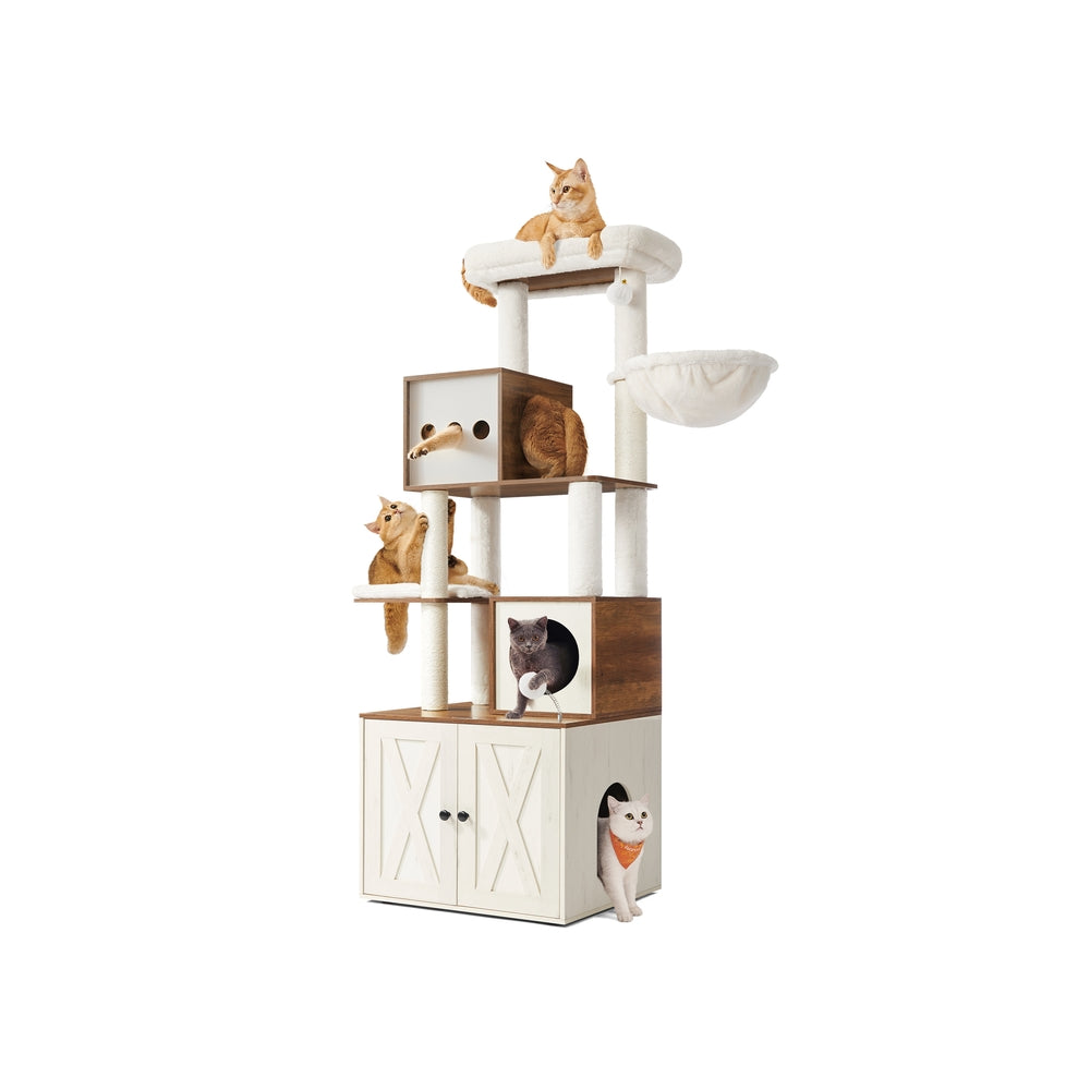 2-In-1 Krabpaal Met Kattenbakmeubel - 185 cm Hoog Kattenmeubel - Ruimtebesparend