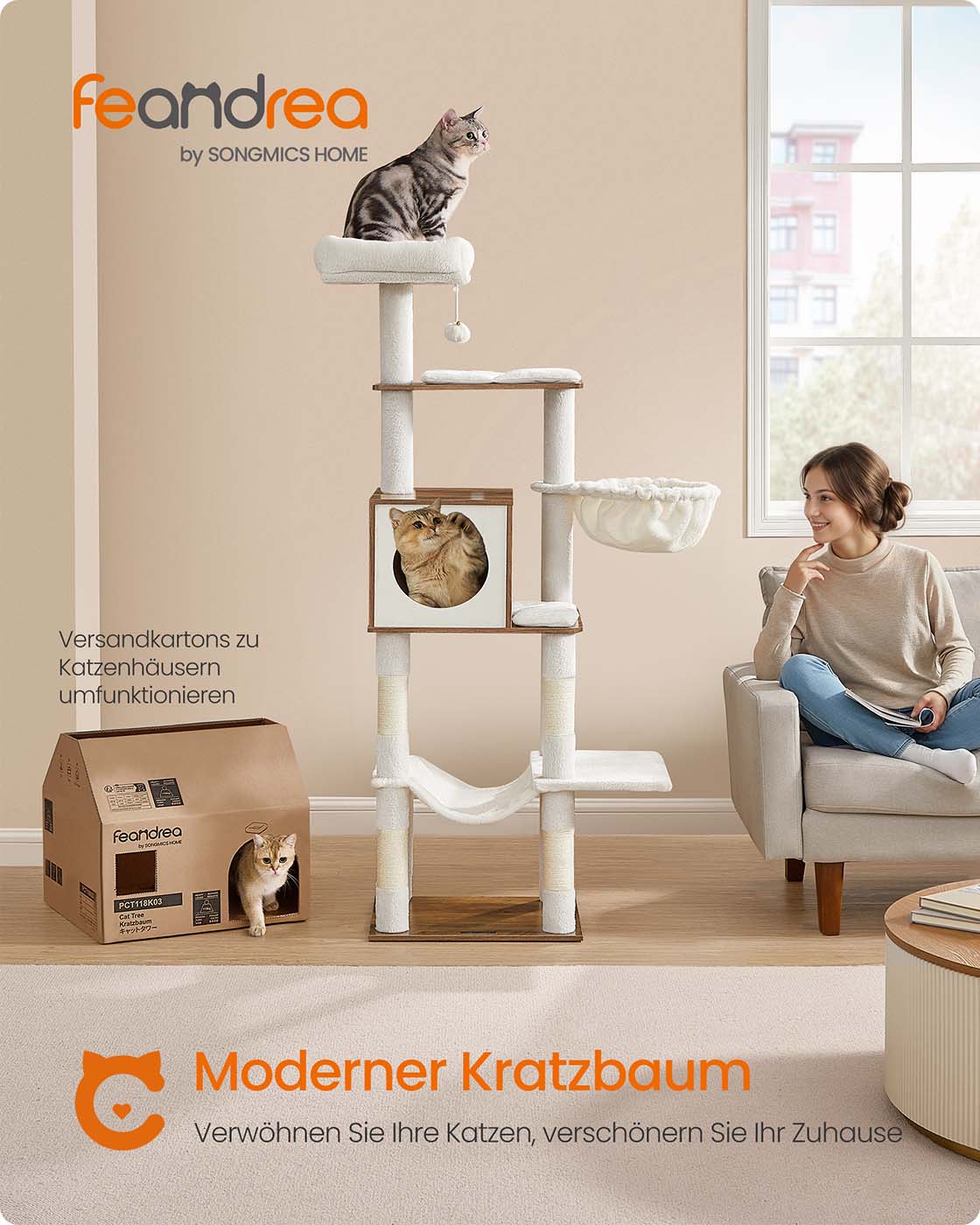 Krabpaal Met Hangmat En Kattenhol - Trapsgewijze Opbouw - Warm Honingbruin
