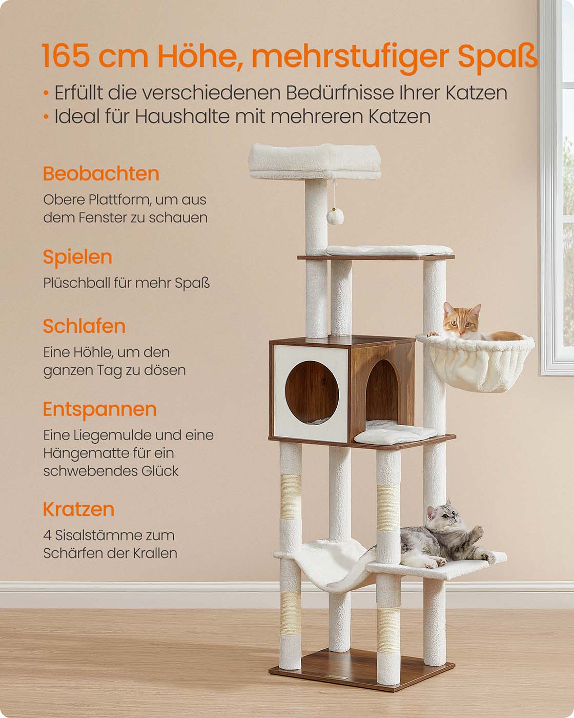 Krabpaal Met Hangmat En Kattenhol - Trapsgewijze Opbouw - Warm Honingbruin