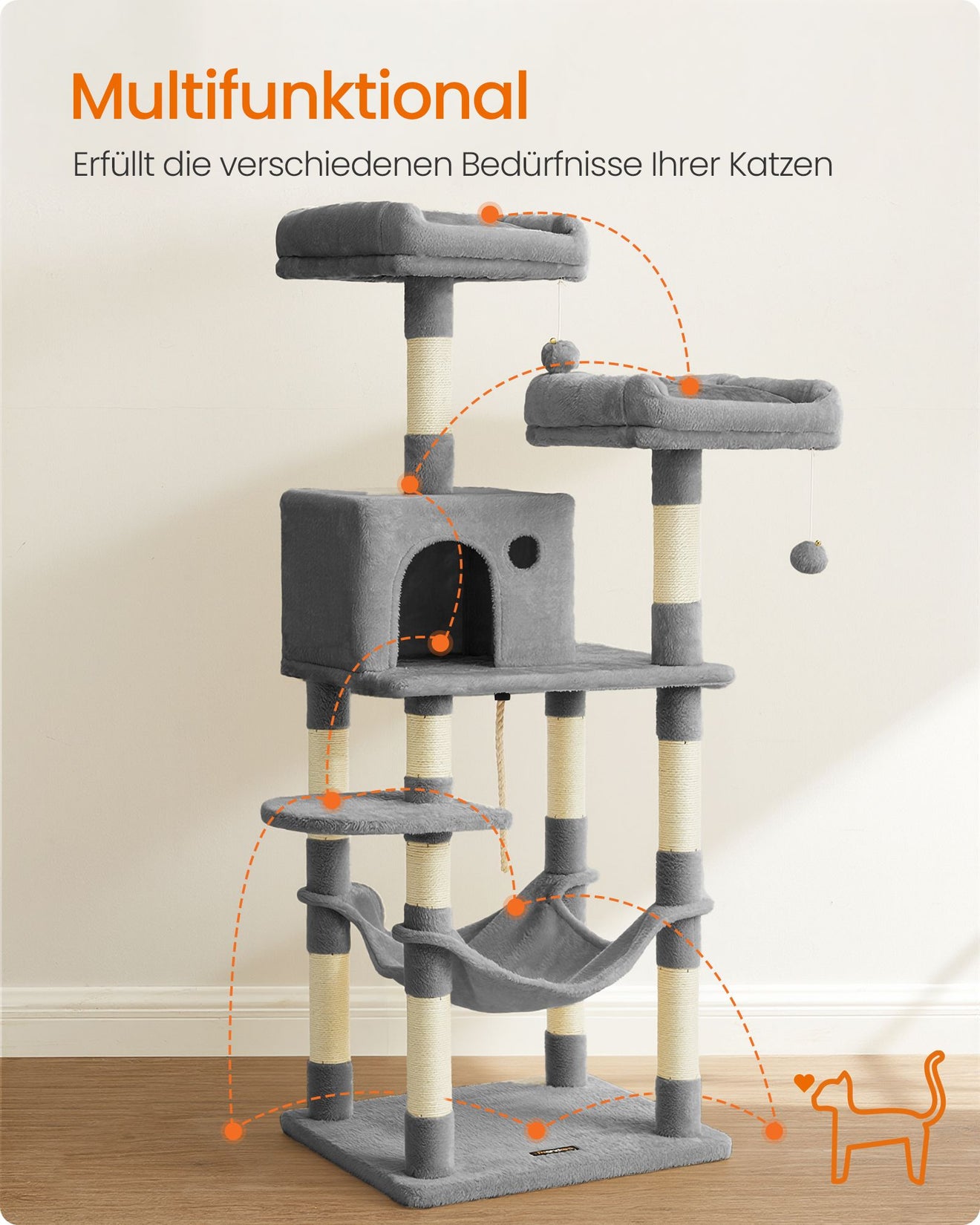 Krabpaal Met Draadframe Hangmat - Verstevigde Basis - Krabzuilen Op Elke Etage
