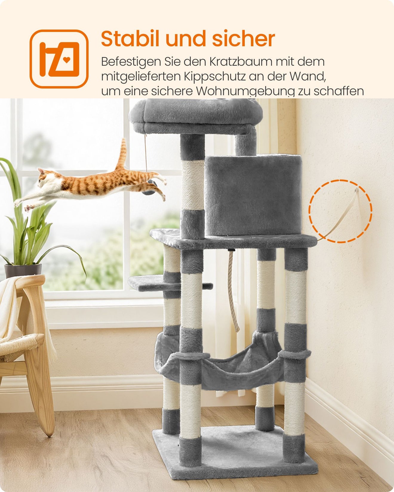Krabpaal Met Draadframe Hangmat - Verstevigde Basis - Krabzuilen Op Elke Etage