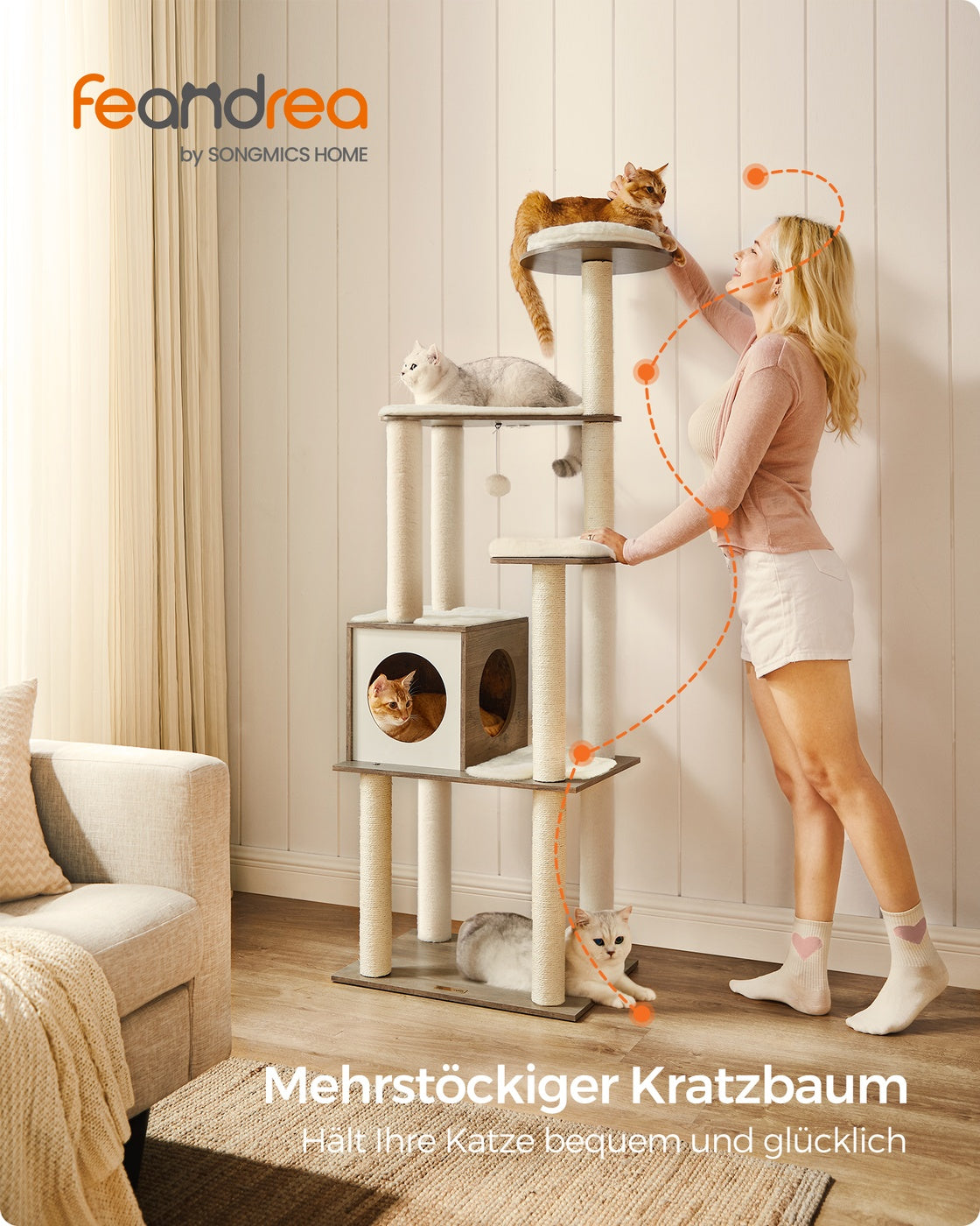 Hoge Kattenboom Met Krabzuilen - Gefineerd Oppervlak - Afneembare Wasbare Kussens