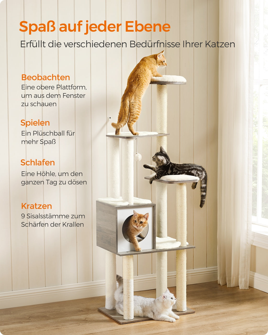 Hoge Kattenboom Met Krabzuilen - Gefineerd Oppervlak - Afneembare Wasbare Kussens