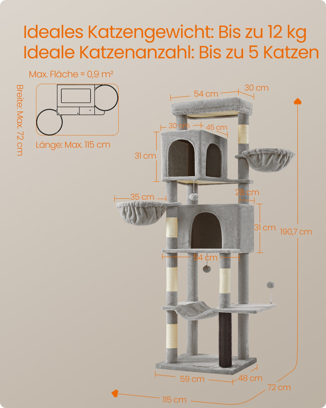 XXL Krabpaal Meerverdiepings - 190 cm Klimplezier - Sisal En Dik Pluche