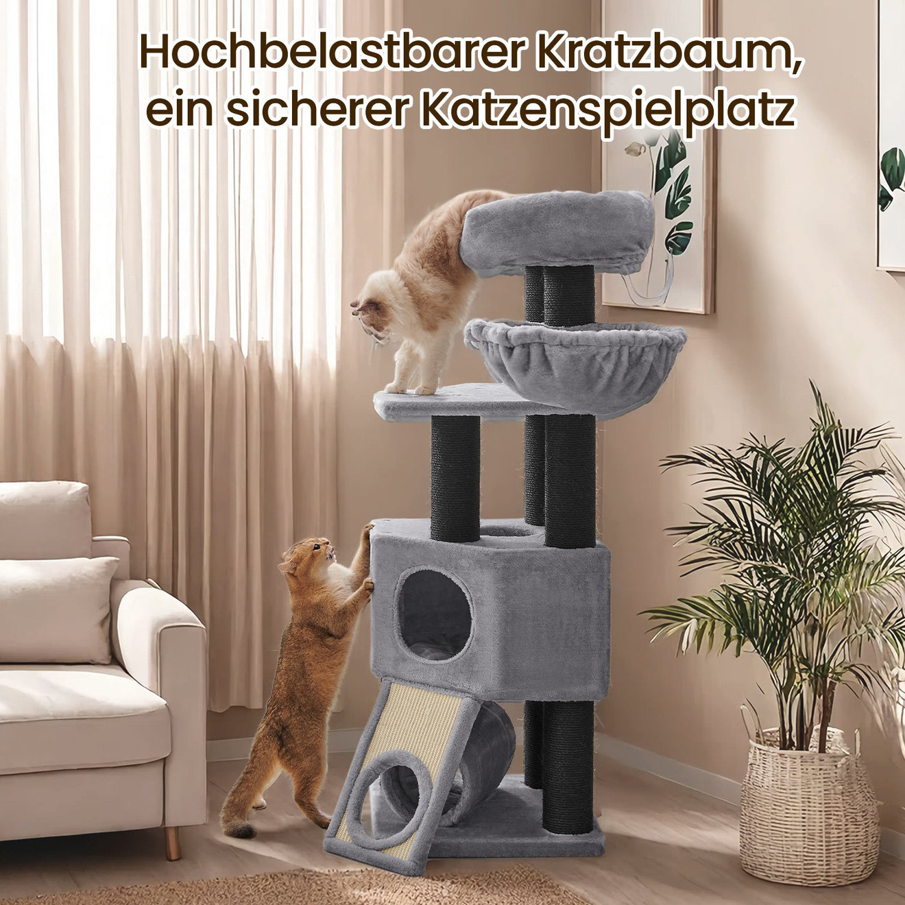 Grote Krabpaal Met Hangmat En Ruime Hol - Massieve Zuilen - Grijs-Zwart Design