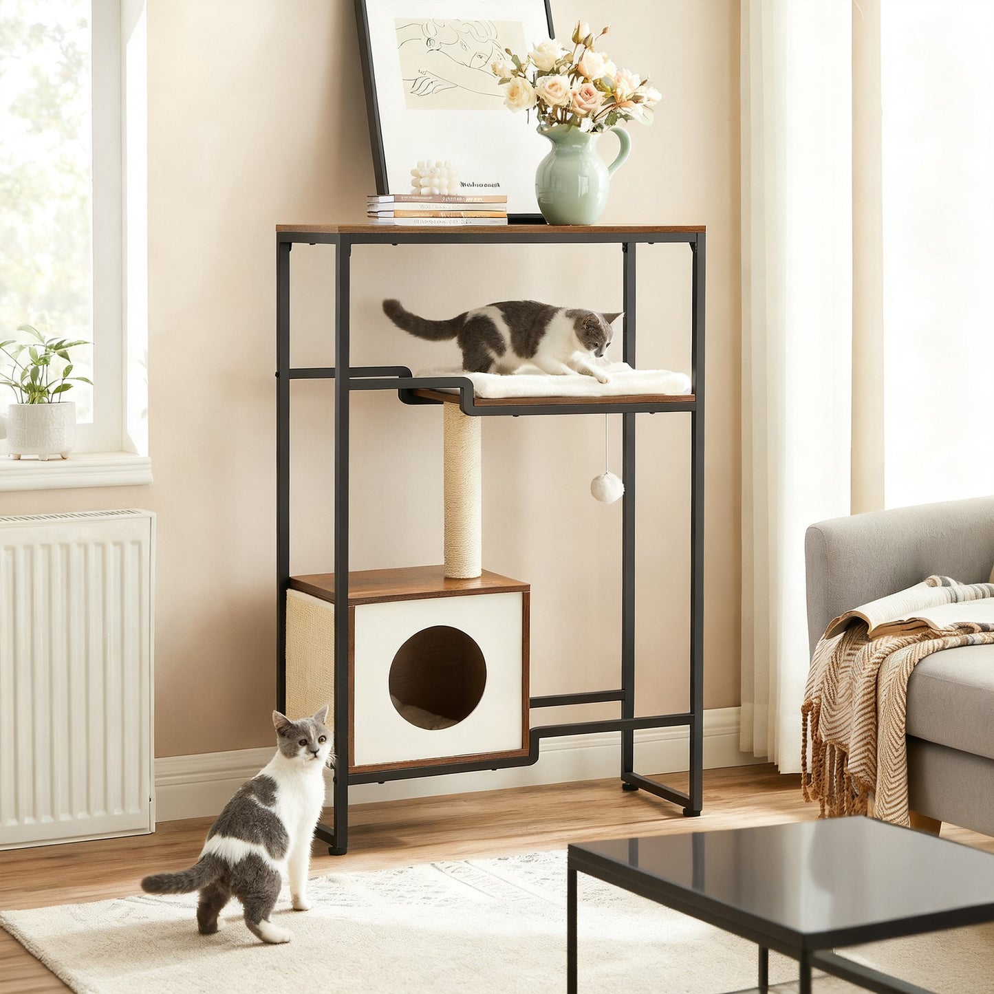 Krabpaal Met Aflegplank - Staal En Vintagebruin Hout - Meubel En Kattenboom In Één