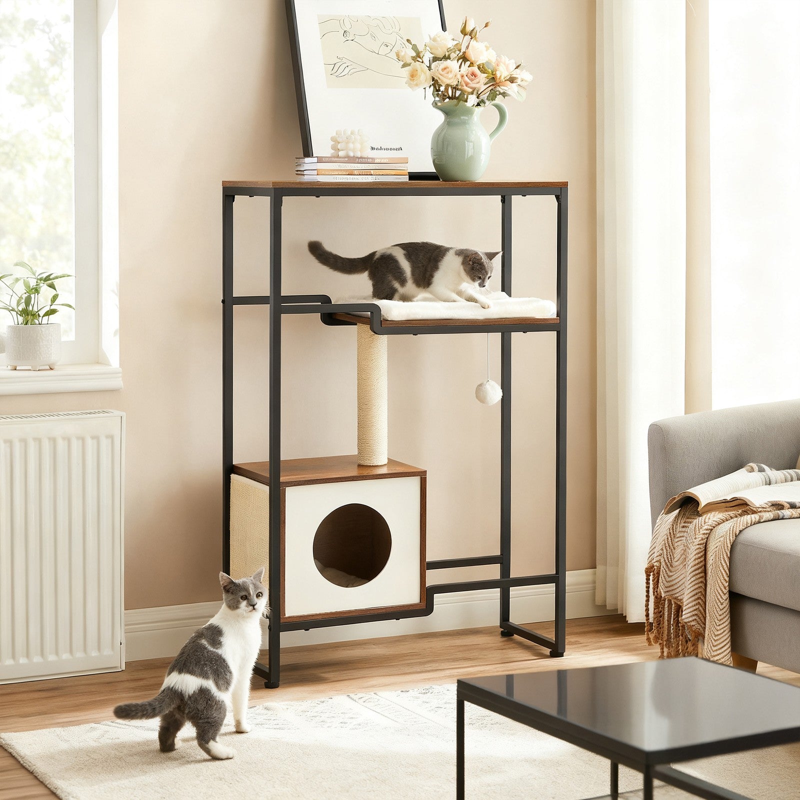 Krabpaal Met Aflegplank - Staal En Vintagebruin Hout - Meubel En Kattenboom In Één