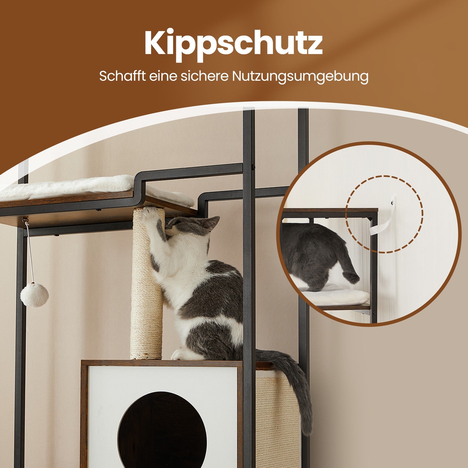 Krabpaal Met Aflegplank - Staal En Vintagebruin Hout - Meubel En Kattenboom In Één