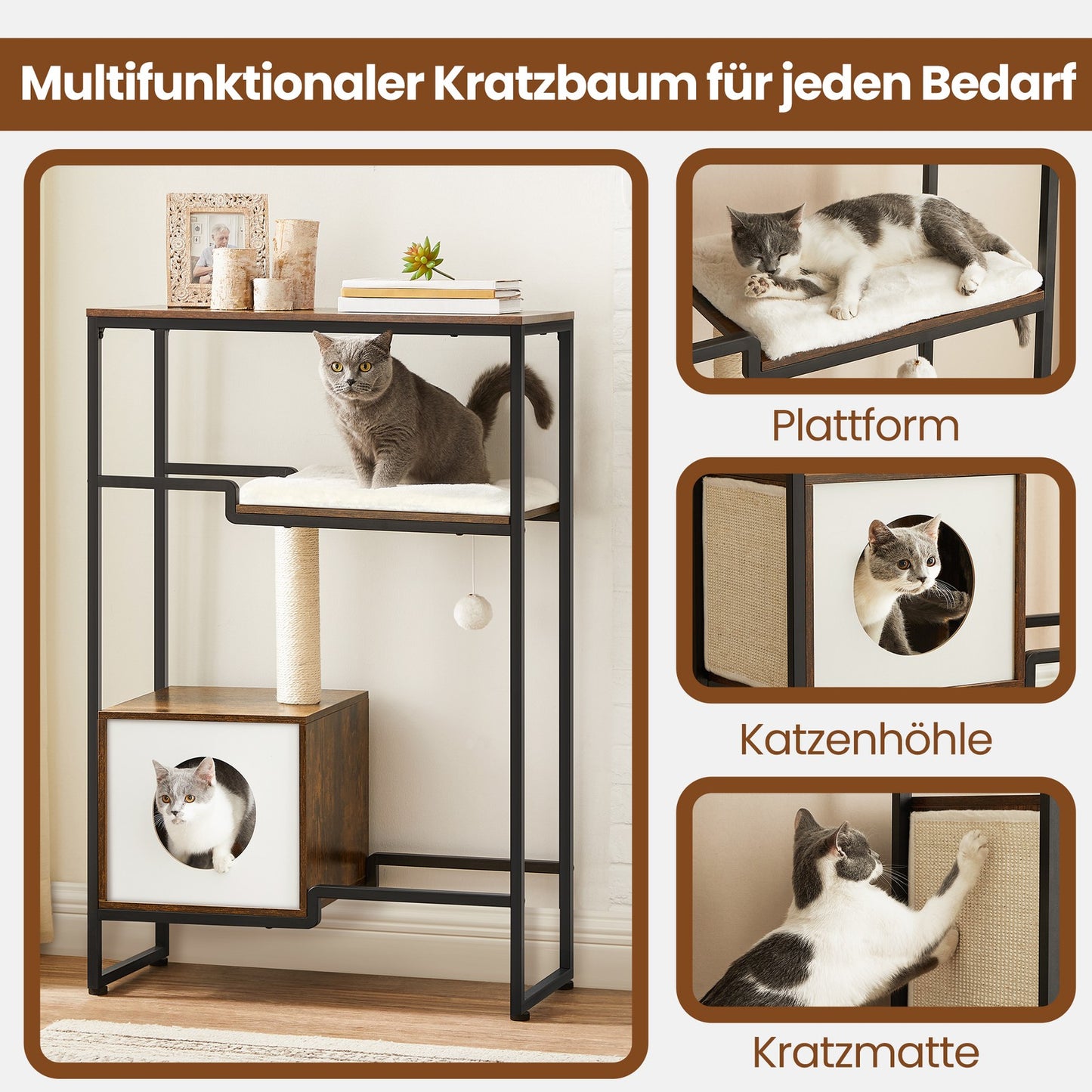 Krabpaal Met Aflegplank - Staal En Vintagebruin Hout - Meubel En Kattenboom In Één