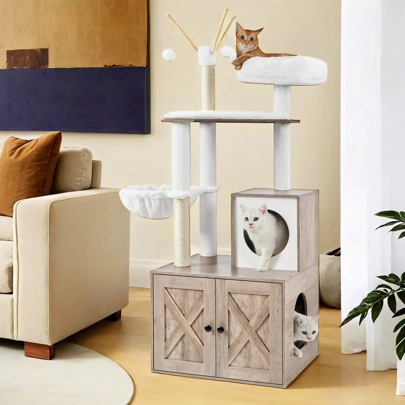 Compacte Krabpaal Met Kattenbakmeubel - 2-In-1 Kattenmeubel - Natuursisal