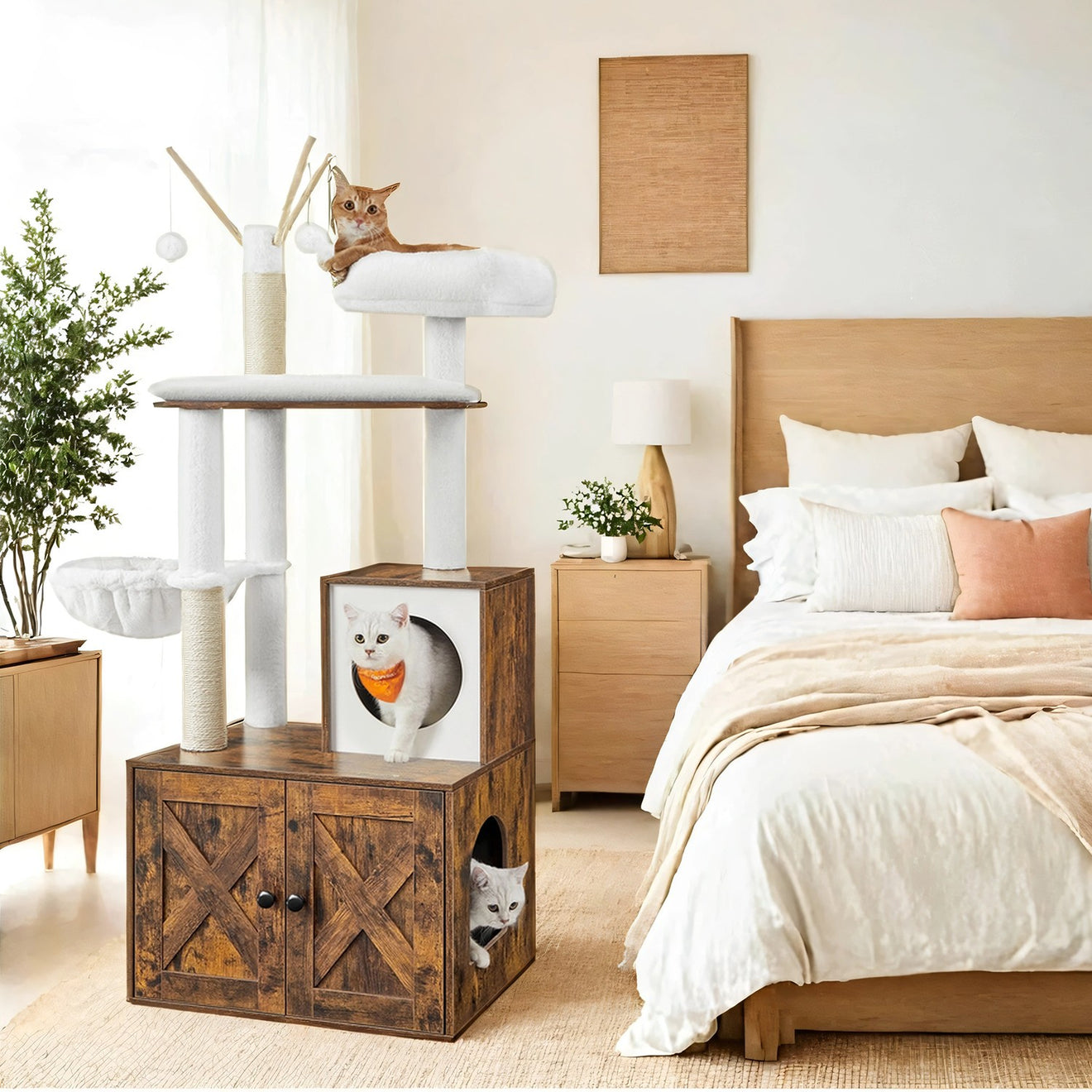 Compacte Krabpaal Met Kattenbakmeubel - 2-In-1 Kattenmeubel - Natuursisal