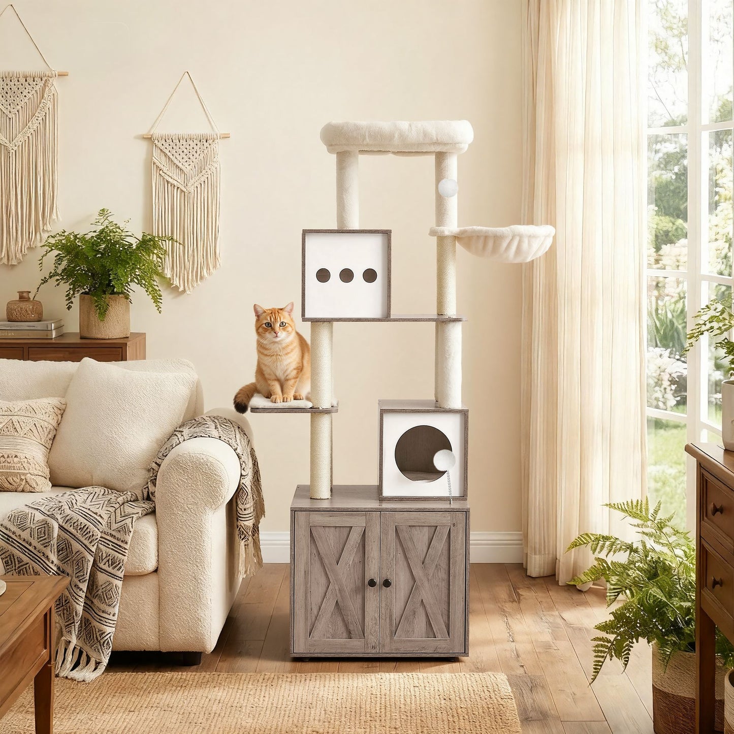 2-In-1 Krabpaal Met Kattenbakmeubel - 185 cm Hoog Kattenmeubel - Ruimtebesparend