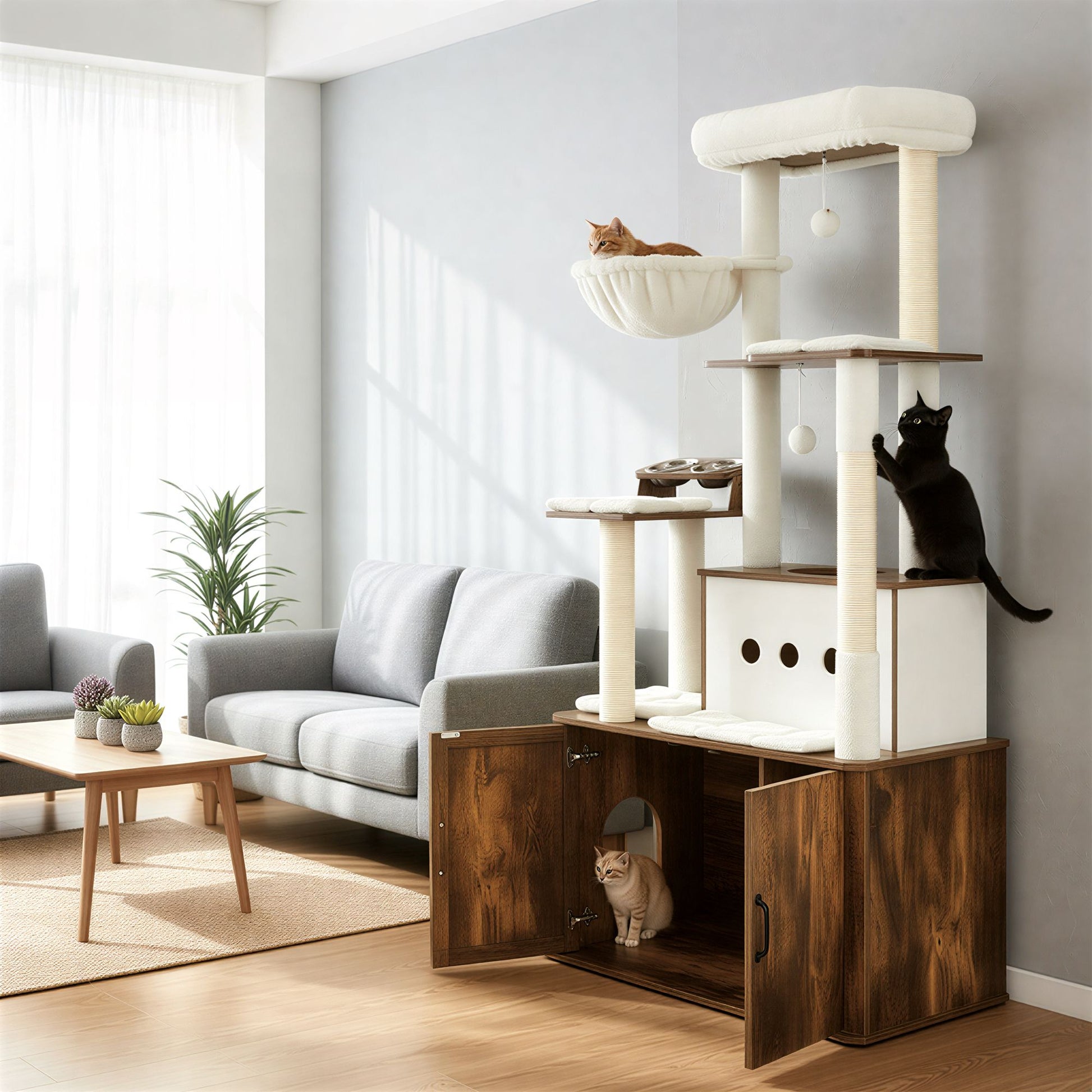 Krabpaal Met Geïntegreerd Kattenbakmeubel - Wasbare Kussens - Voerbakken Op Hoogte
