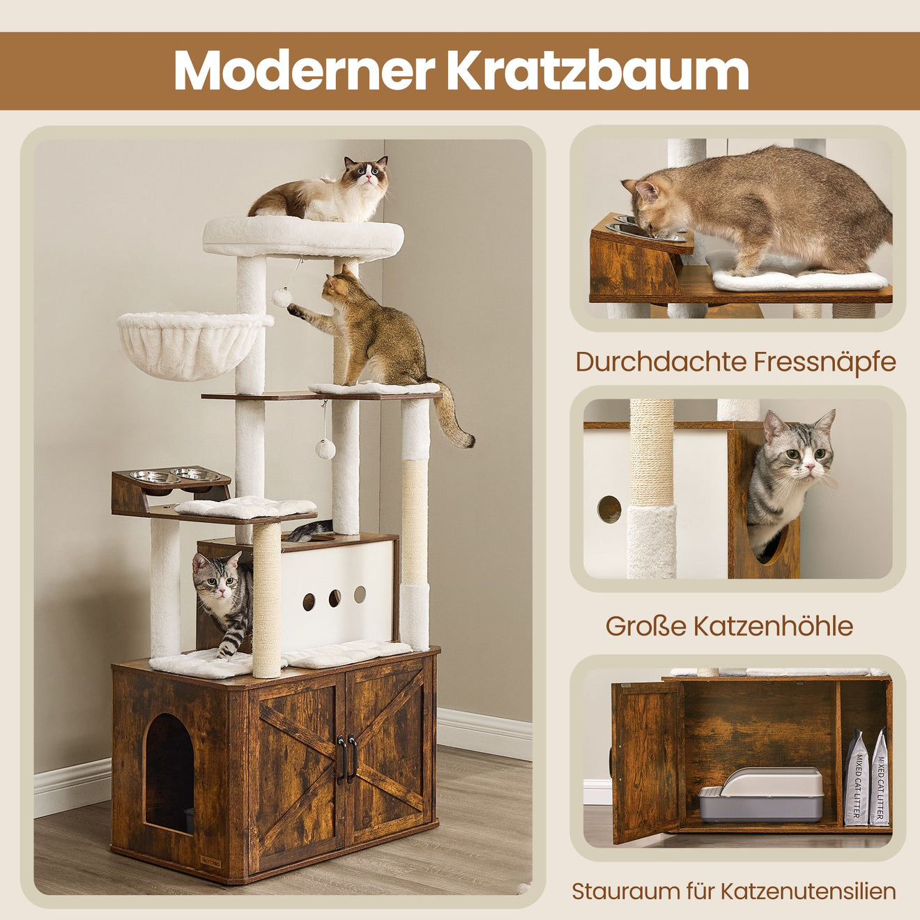 Krabpaal Met Geïntegreerd Kattenbakmeubel - Wasbare Kussens - Voerbakken Op Hoogte