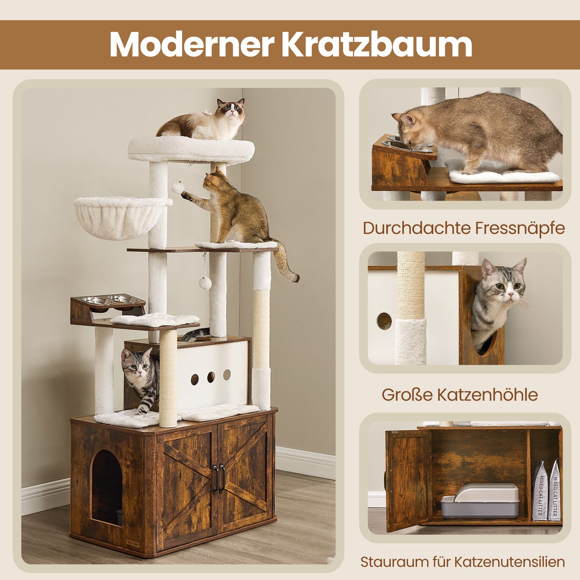 Krabpaal Met Geïntegreerd Kattenbakmeubel - Wasbare Kussens - Voerbakken Op Hoogte