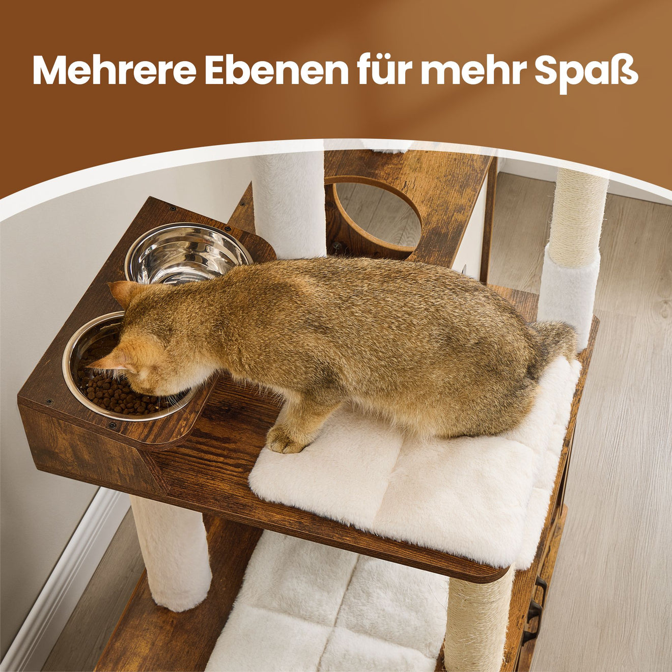 Krabpaal Met Geïntegreerd Kattenbakmeubel - Wasbare Kussens - Voerbakken Op Hoogte