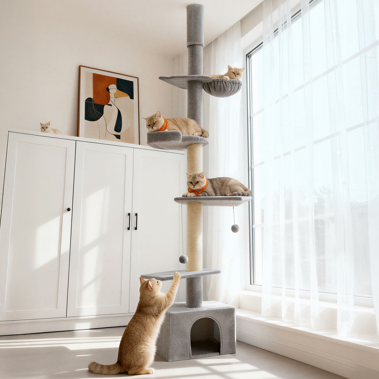 Plafondhoge Krabpaal In Hoogte Verstelbaar - Meerdere Etages Met Kattenhol - Plafondbevestiging