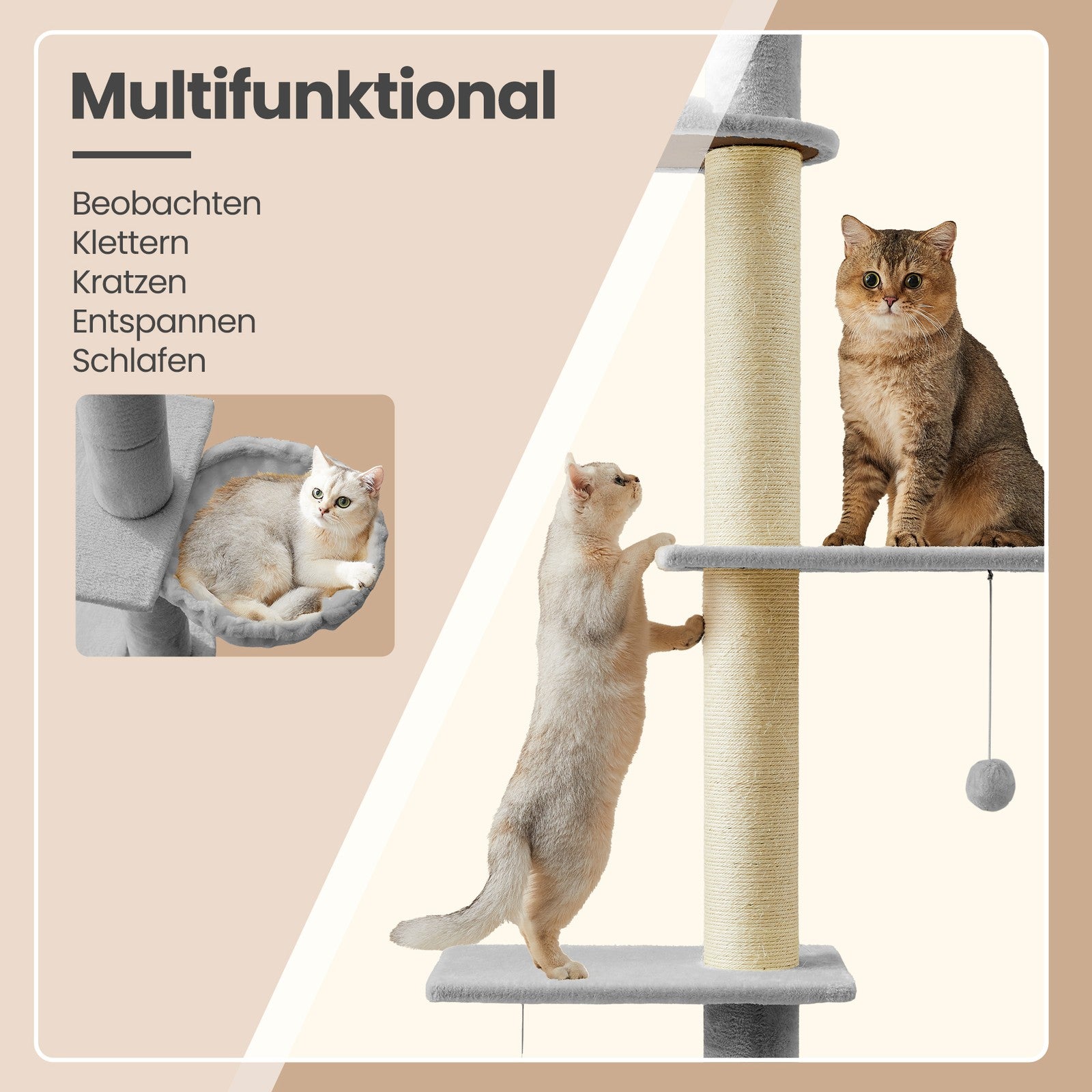 Plafondhoge Krabpaal In Hoogte Verstelbaar - Meerdere Etages Met Kattenhol - Plafondbevestiging