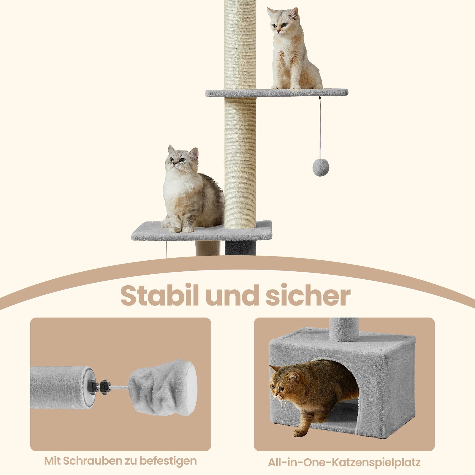 Plafondhoge Krabpaal In Hoogte Verstelbaar - Meerdere Etages Met Kattenhol - Plafondbevestiging