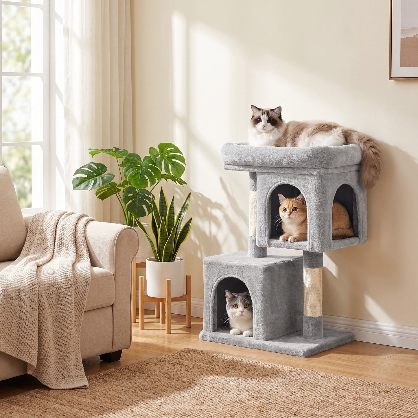 Compacte Krabpaal M Met Plattform En 2 Holen - Lage Hoogte - Voor Kittens En Senioren