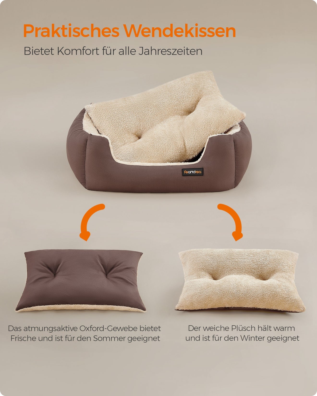 Wasbaar Hondenbed Met Wendekussen - Oxford En Kort Pluche - Khaki