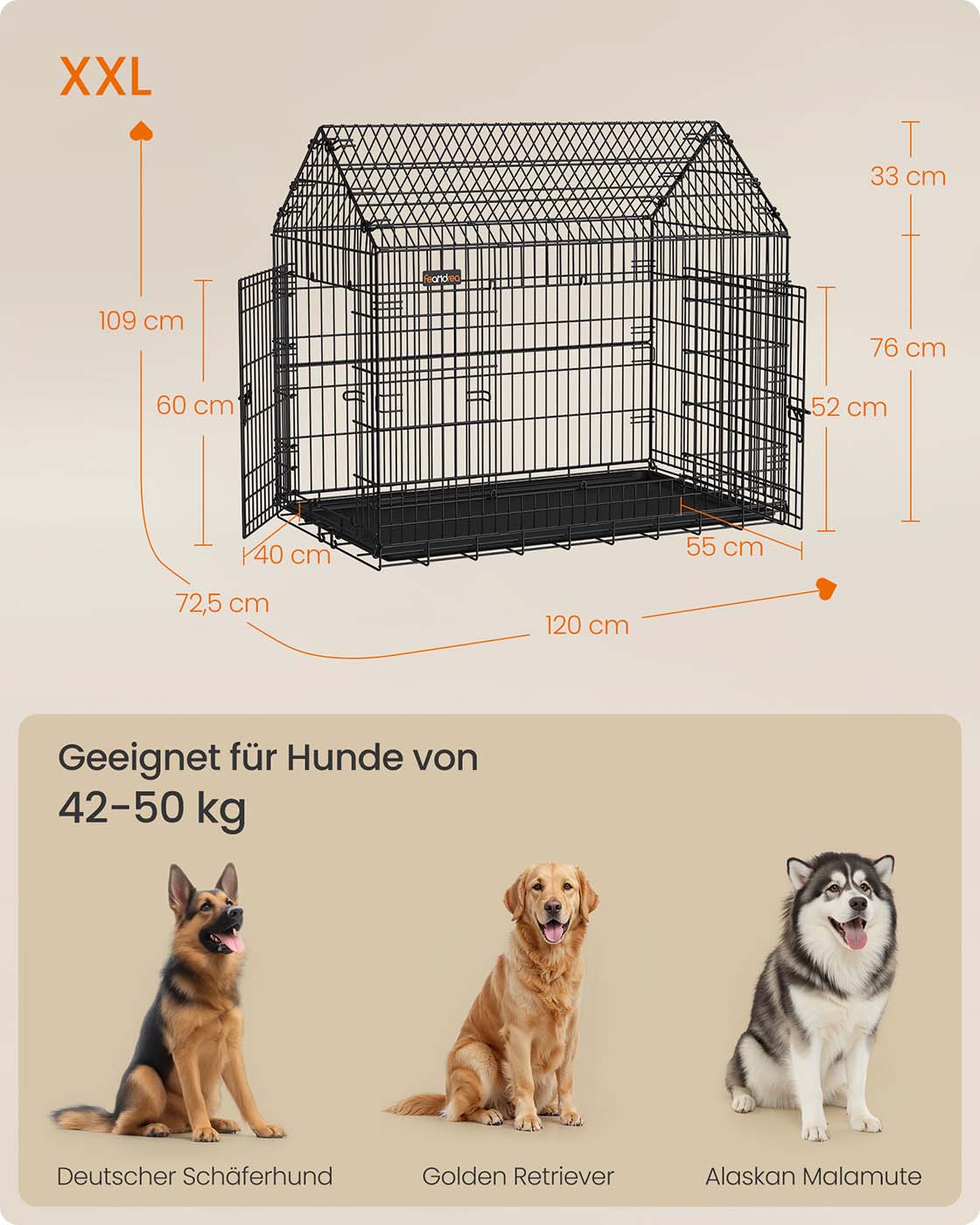 Opvouwbare Hondenbench Met Dubbele Deur - Voor Grote Honden - Inclusief Kunststof Bodemschaal