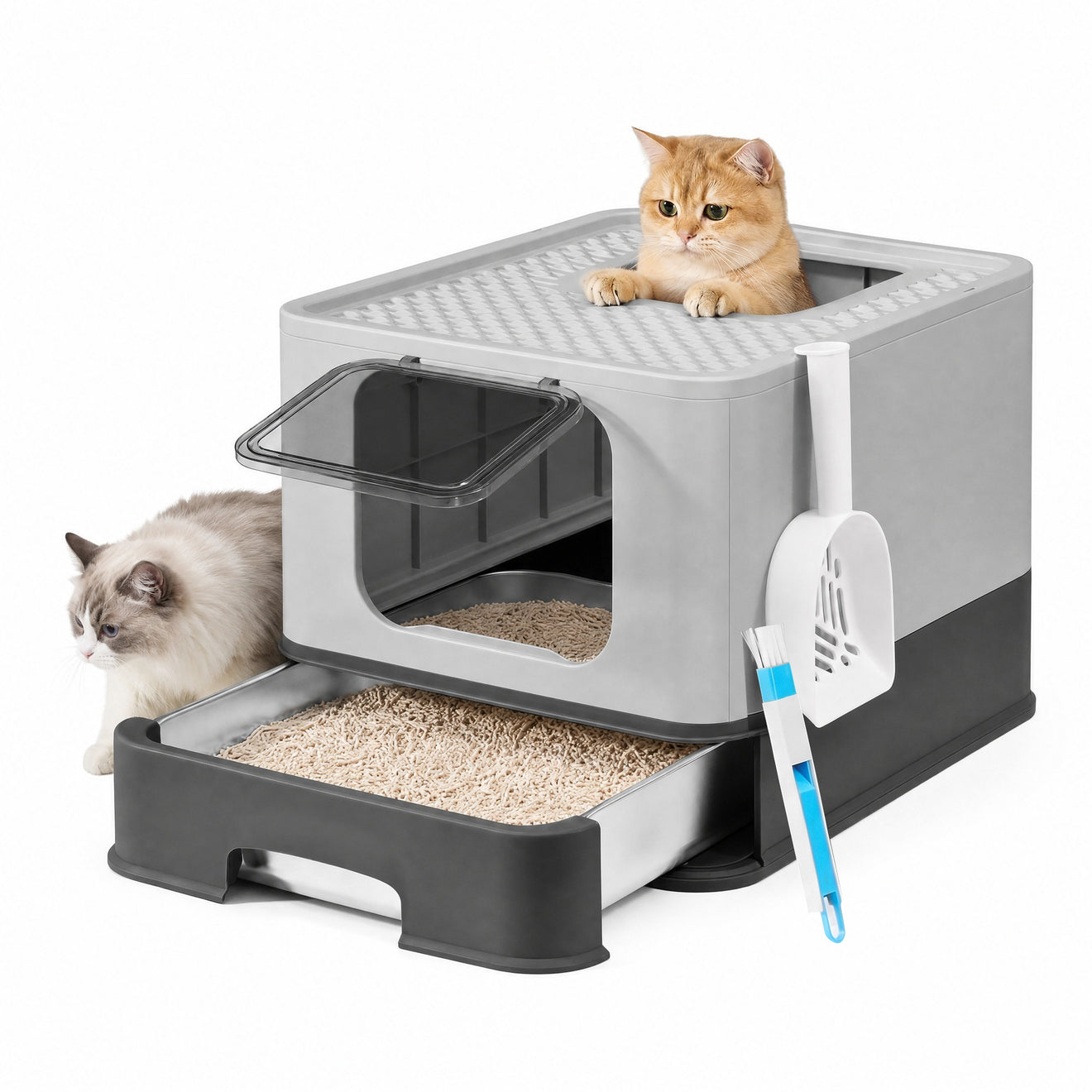RVS Kattenbak Met Uittrekbare Lade - Twee Ingangen - Belastbaar Bovenvlak