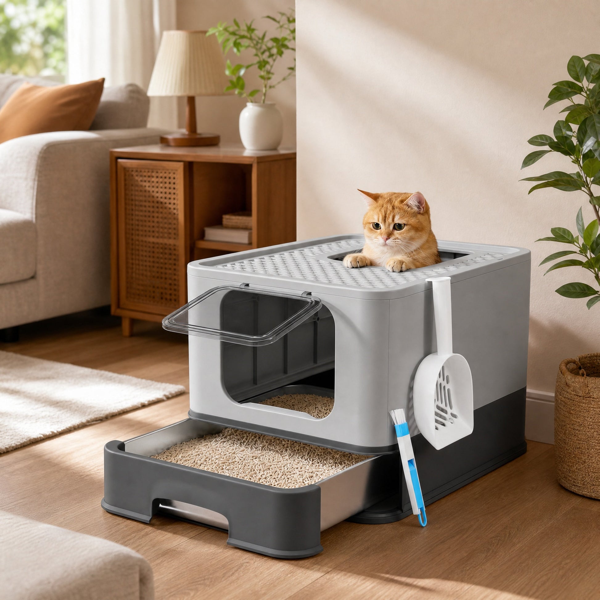 RVS Kattenbak Met Uittrekbare Lade - Twee Ingangen - Belastbaar Bovenvlak