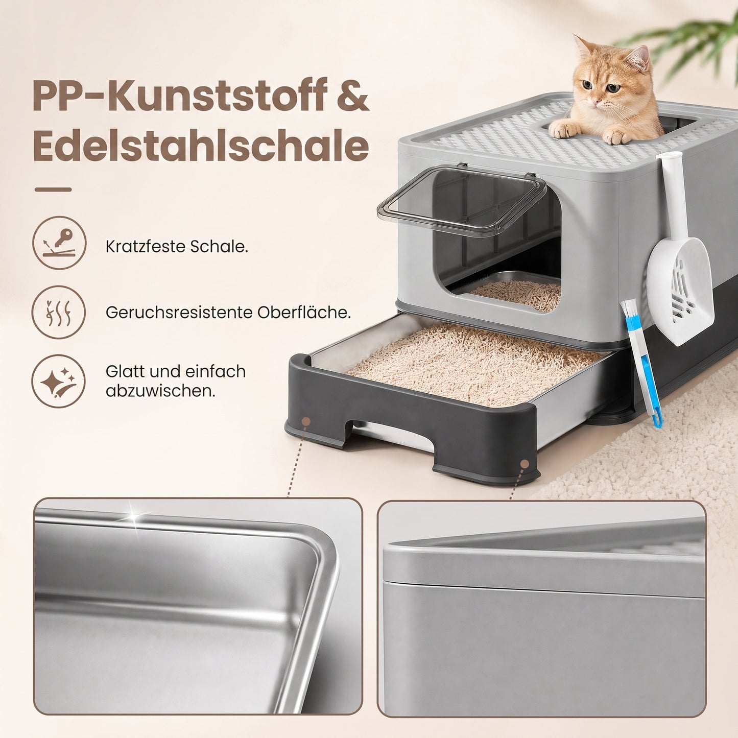 RVS Kattenbak Met Uittrekbare Lade - Twee Ingangen - Belastbaar Bovenvlak