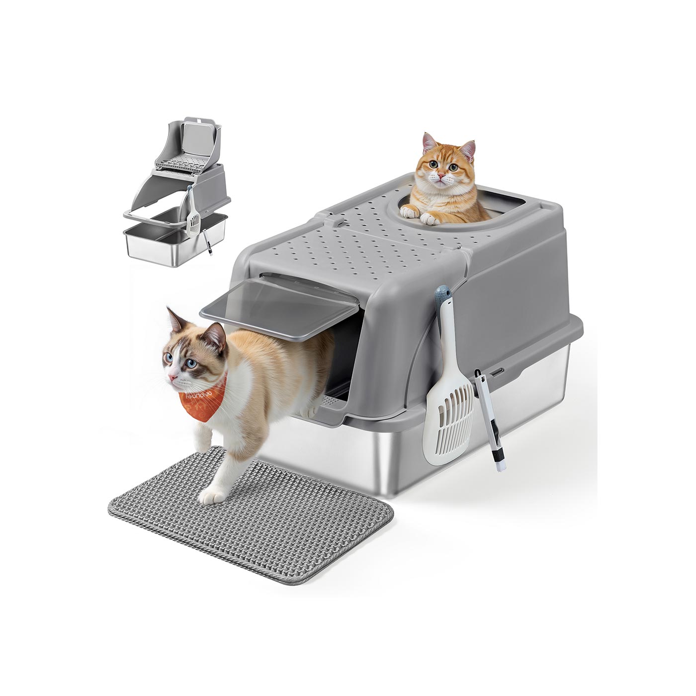 RVS Kattenbak Met Verhoogde Rand - Lekvrij Ontwerp - Inclusief Schep En Borstel