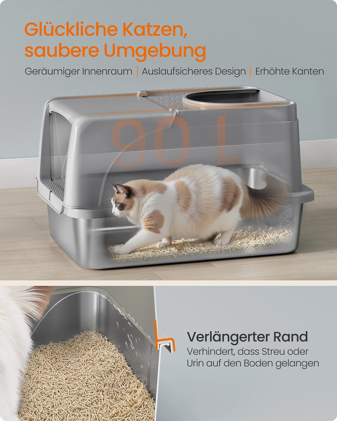RVS Kattenbak Met Verhoogde Rand - Lekvrij Ontwerp - Inclusief Schep En Borstel