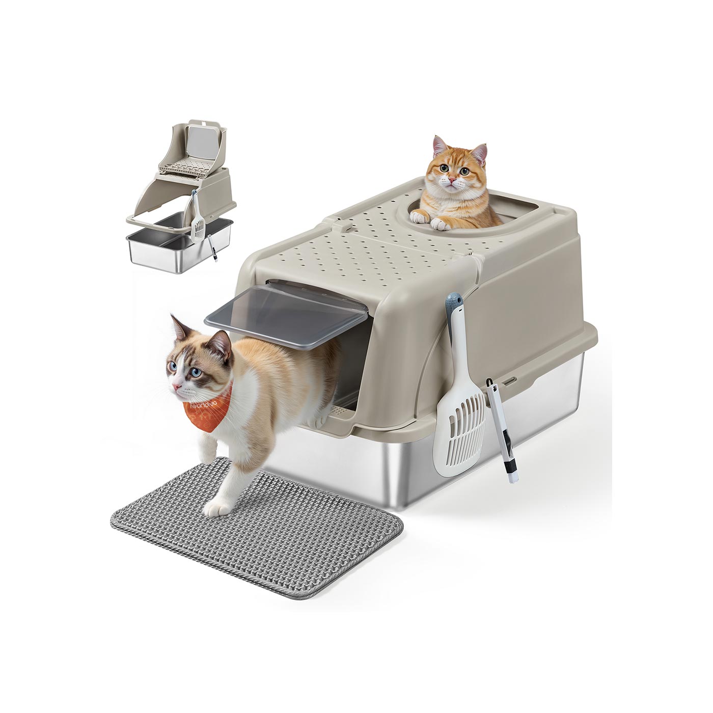 RVS Kattenbak Met Verhoogde Rand - Lekvrij Ontwerp - Inclusief Schep En Borstel
