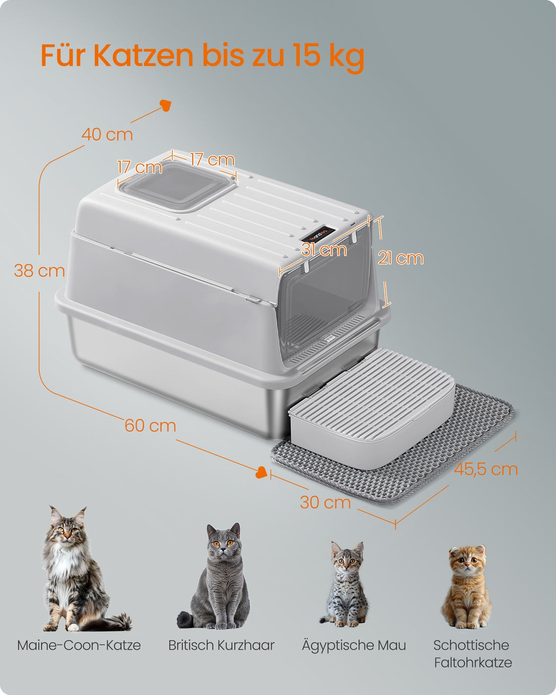 RVS Kattenbak Met Klapdeksel - Inclusief Gritmat En Zeefbox - Compleet Set