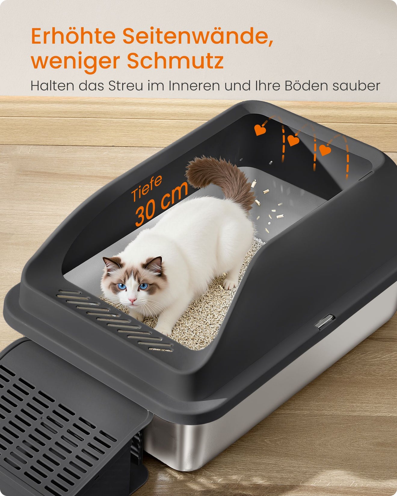 RVS Kattenbak Met Hoge Rand - Inclusief Schep En Borstel - Geurbestendig