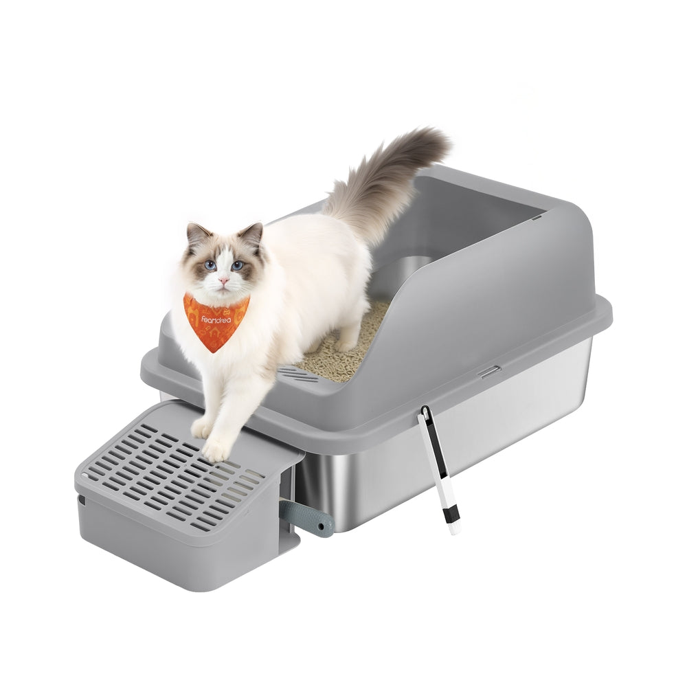 RVS Kattenbak Met Hoge Rand - Inclusief Schep En Borstel - Geurbestendig